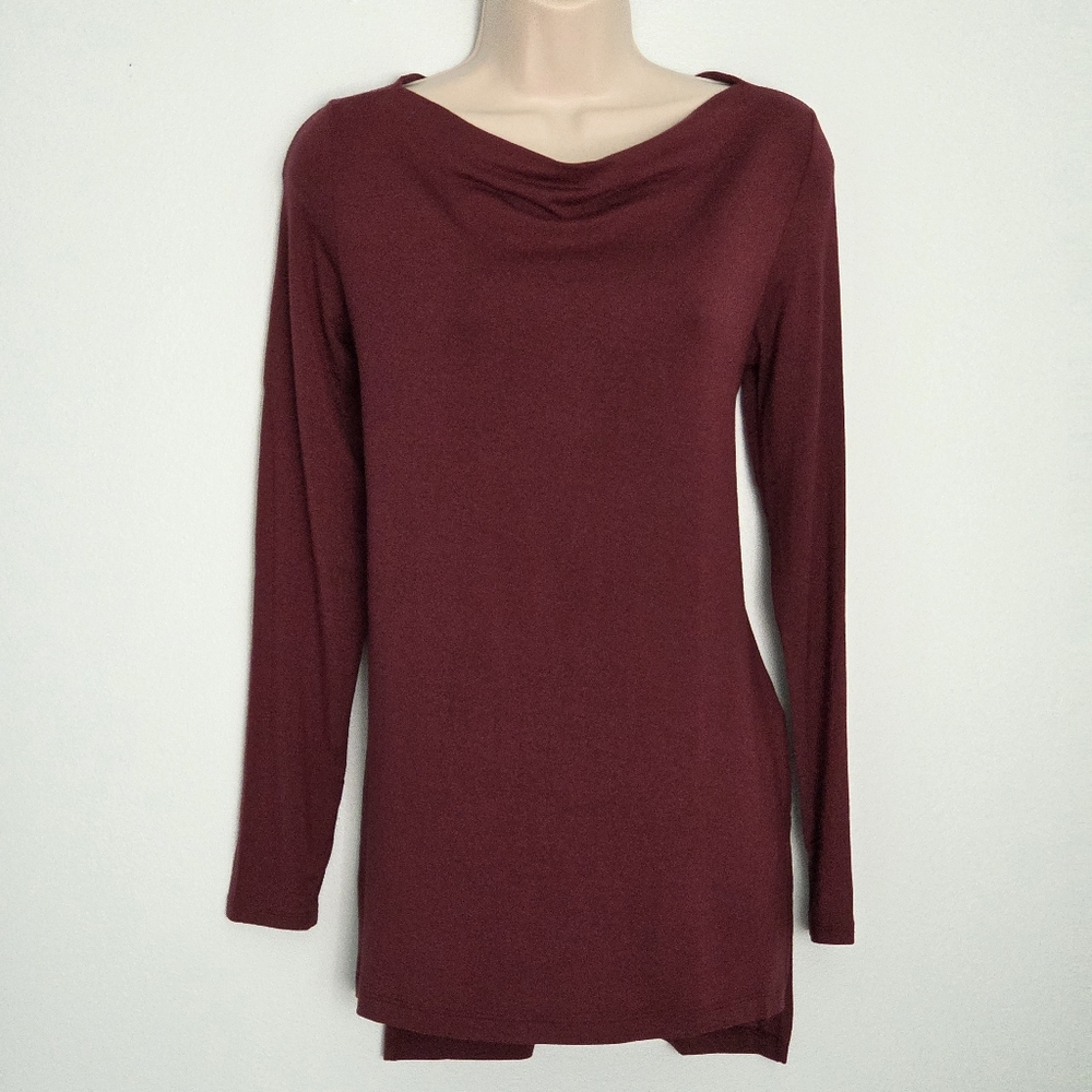 Adrienne Vittadini Drape Neck Burgundy Tunic Top
